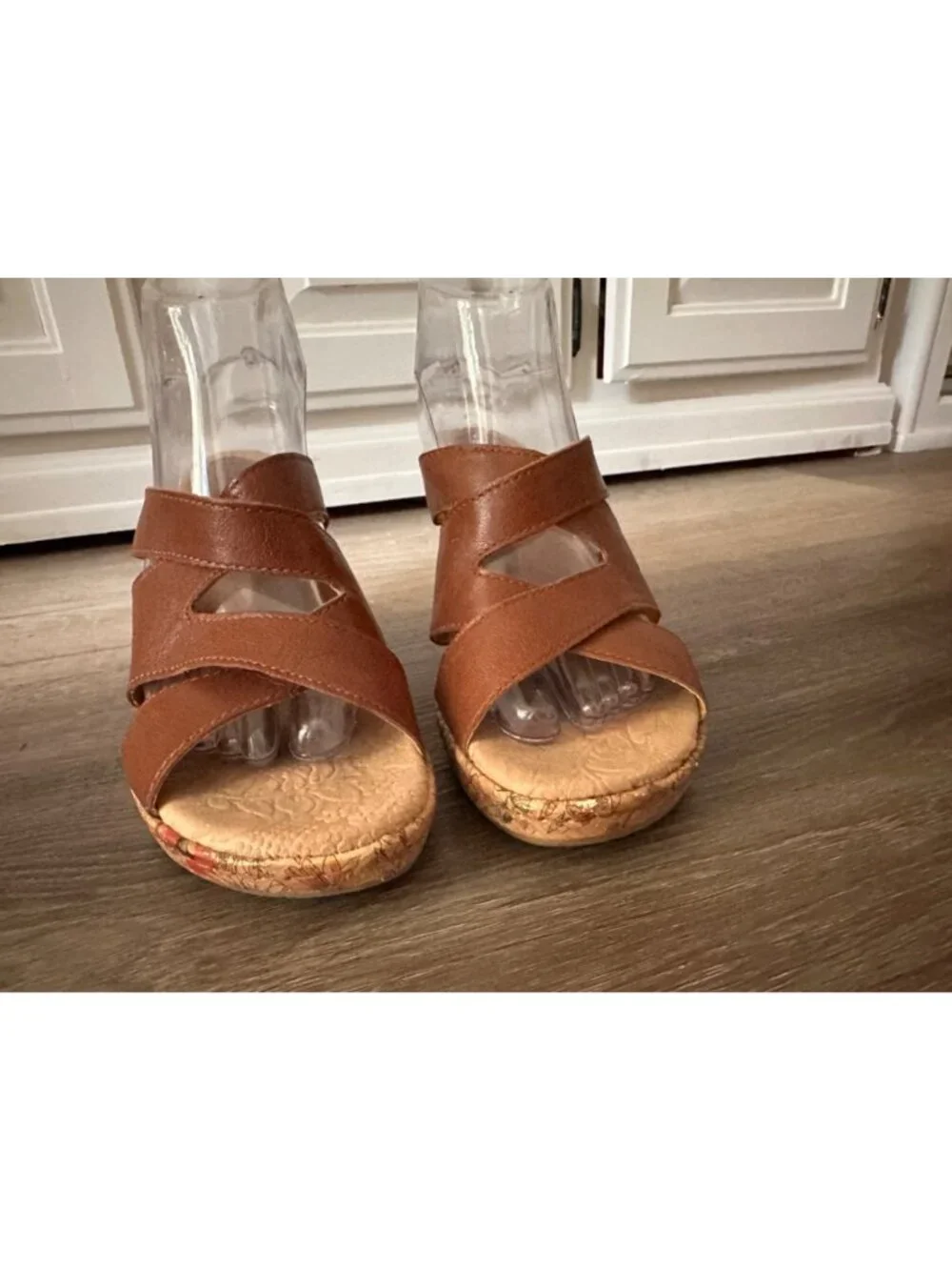 b.o.c. Brown Leather Cork Wedge Sandals